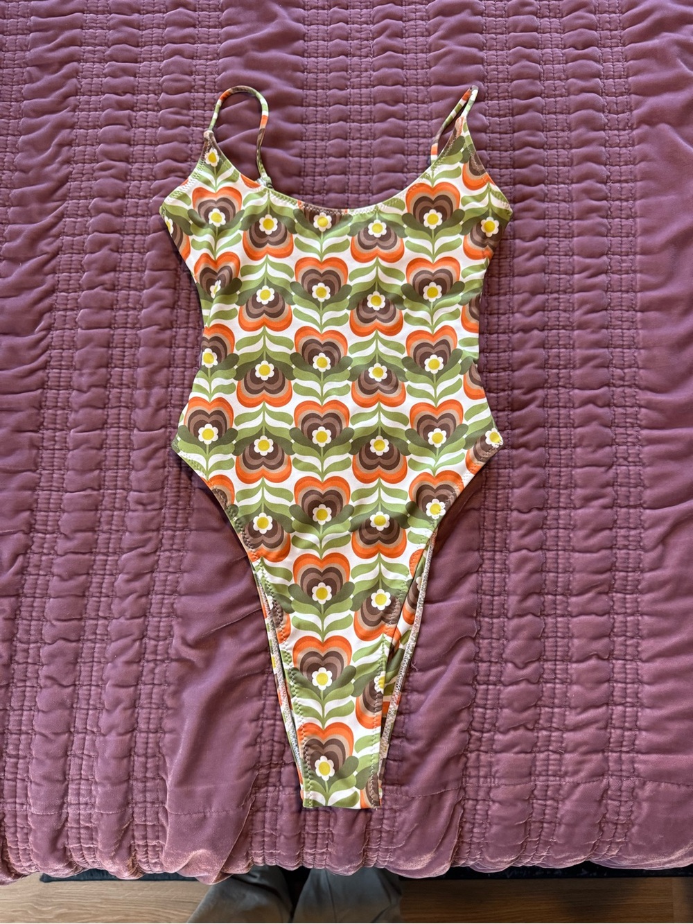 Inner Relm, Retro Floral Green & Orange Women's One-Piece Swimsuit